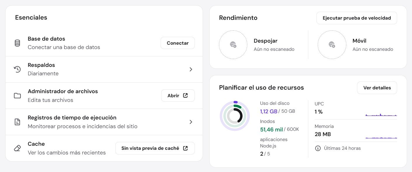 Panel de infraestructura y recursos de alojamiento utilizado en un proyecto de RexCoreSolutions