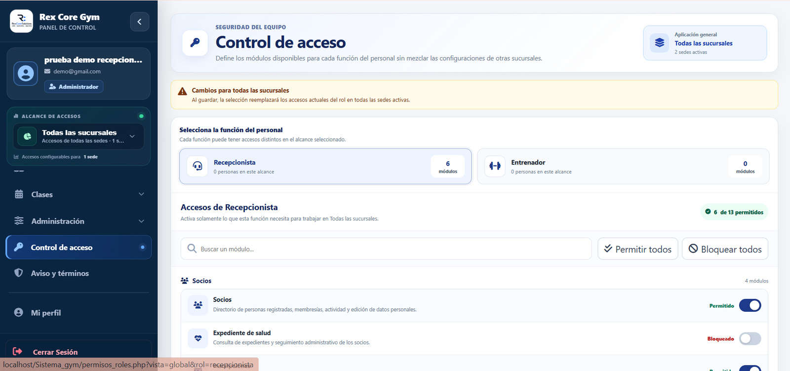 Control de acceso por roles del sistema para gimnasios