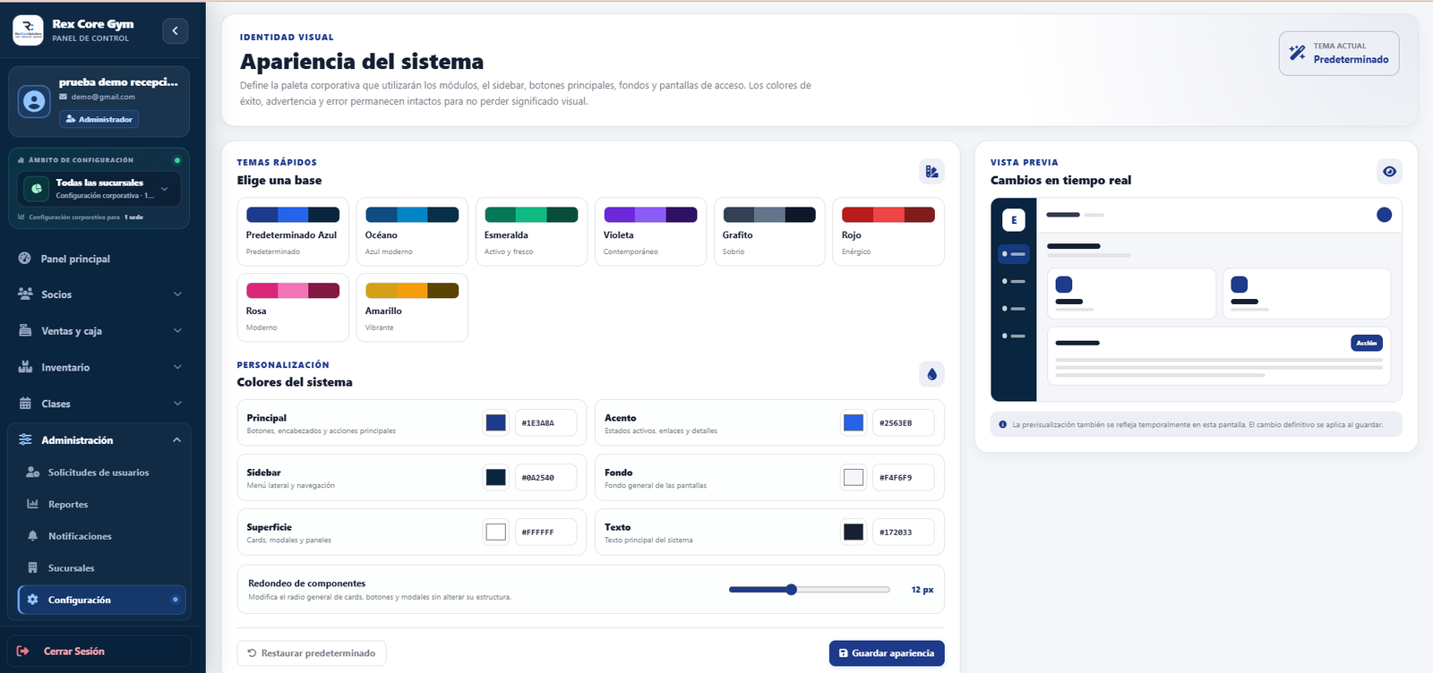 Configuración de apariencia del sistema para gimnasios