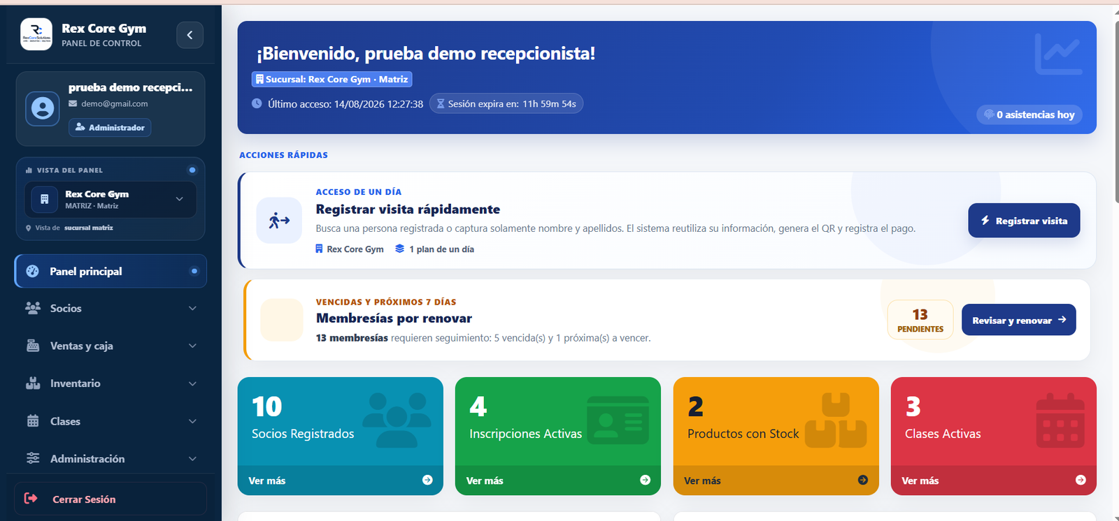 Panel principal del sistema para gimnasios