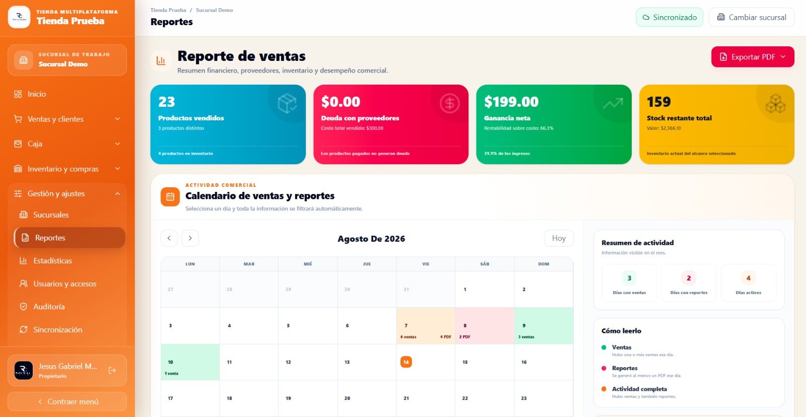 Módulo de reportes del punto de venta multiplataforma de RexCoreSolutions
